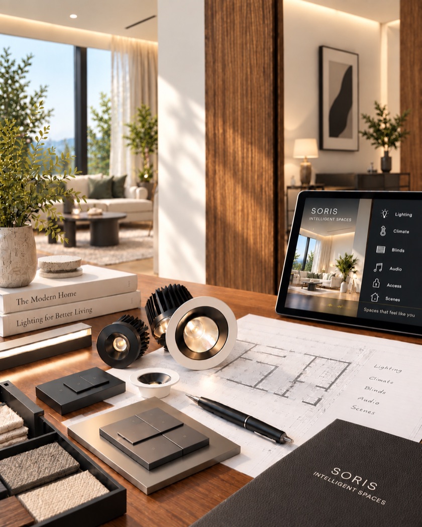 The same desk in daylight — downlights, switch plates and a floor plan, with sun across the room beyond.