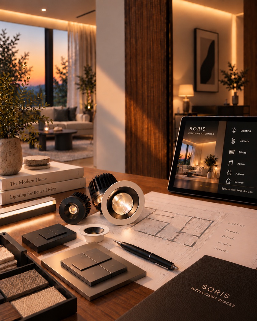 A studio desk at dusk — downlights, switch plates and a floor plan, with warm lamplight in the room beyond.
