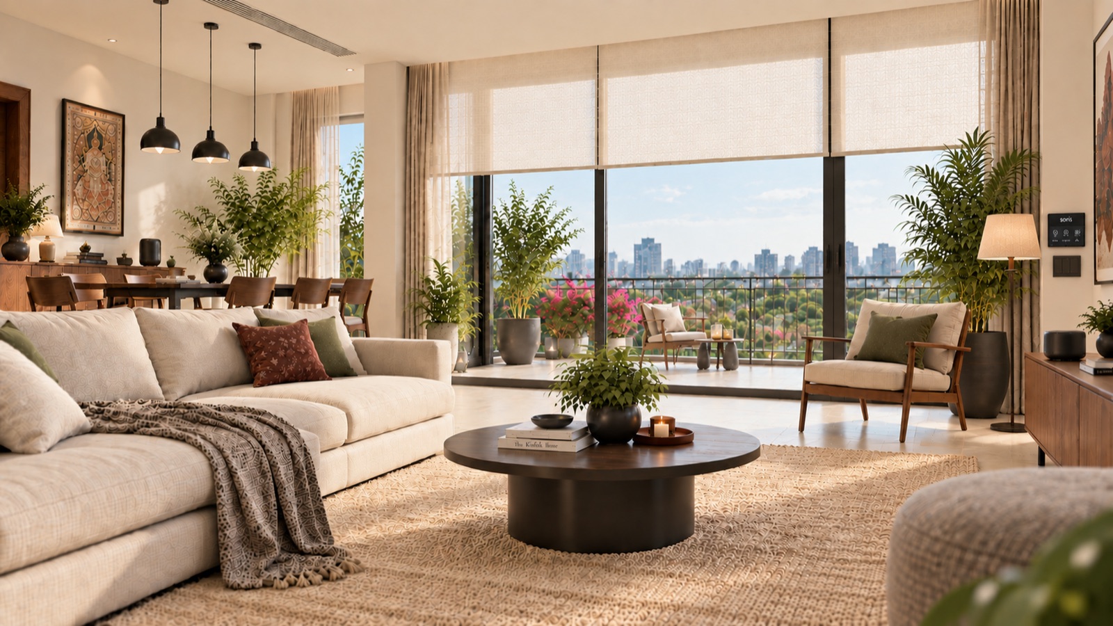 The same living room in afternoon sun — sheer blinds, a green city view and light across the rug.