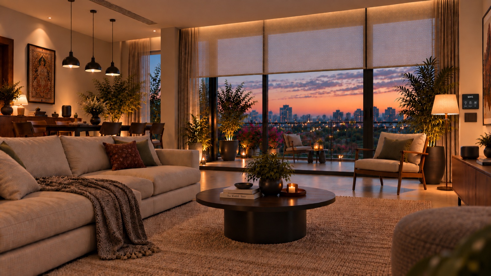 A living room at dusk — warm lamplight, lowered blinds and a city skyline beyond the glass.